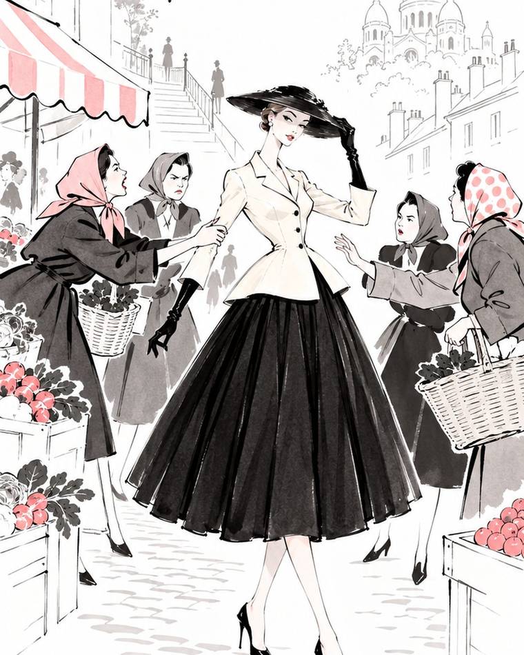 Жінки на ринку Монмартру оточили модель у костюмі New Look Dior, 1947 рік