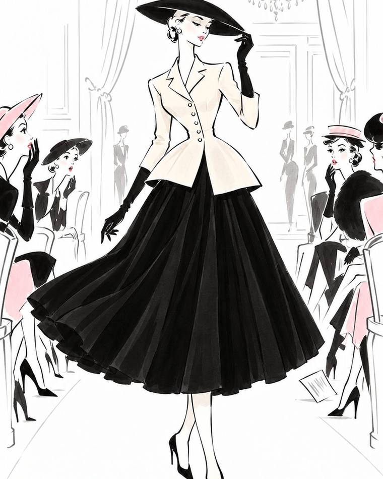 Модель у костюмі Bar на першому показі New Look Dior 1947 року