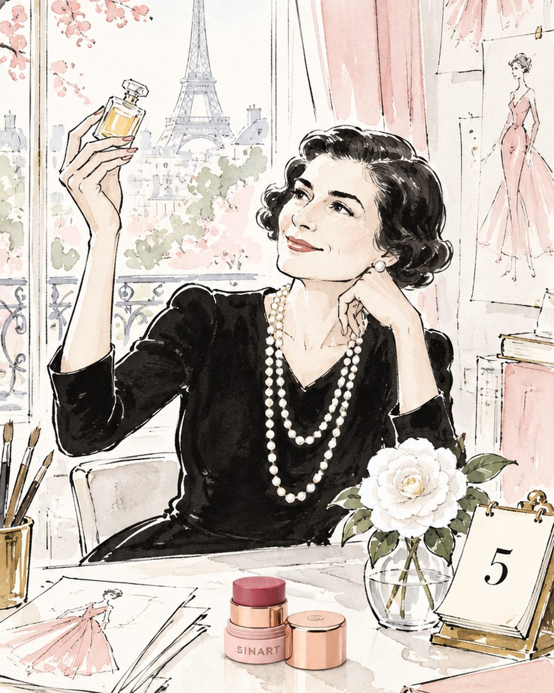 Коко Шанель тримає флакон парфумів Chanel № 5, на календарі цифра 5